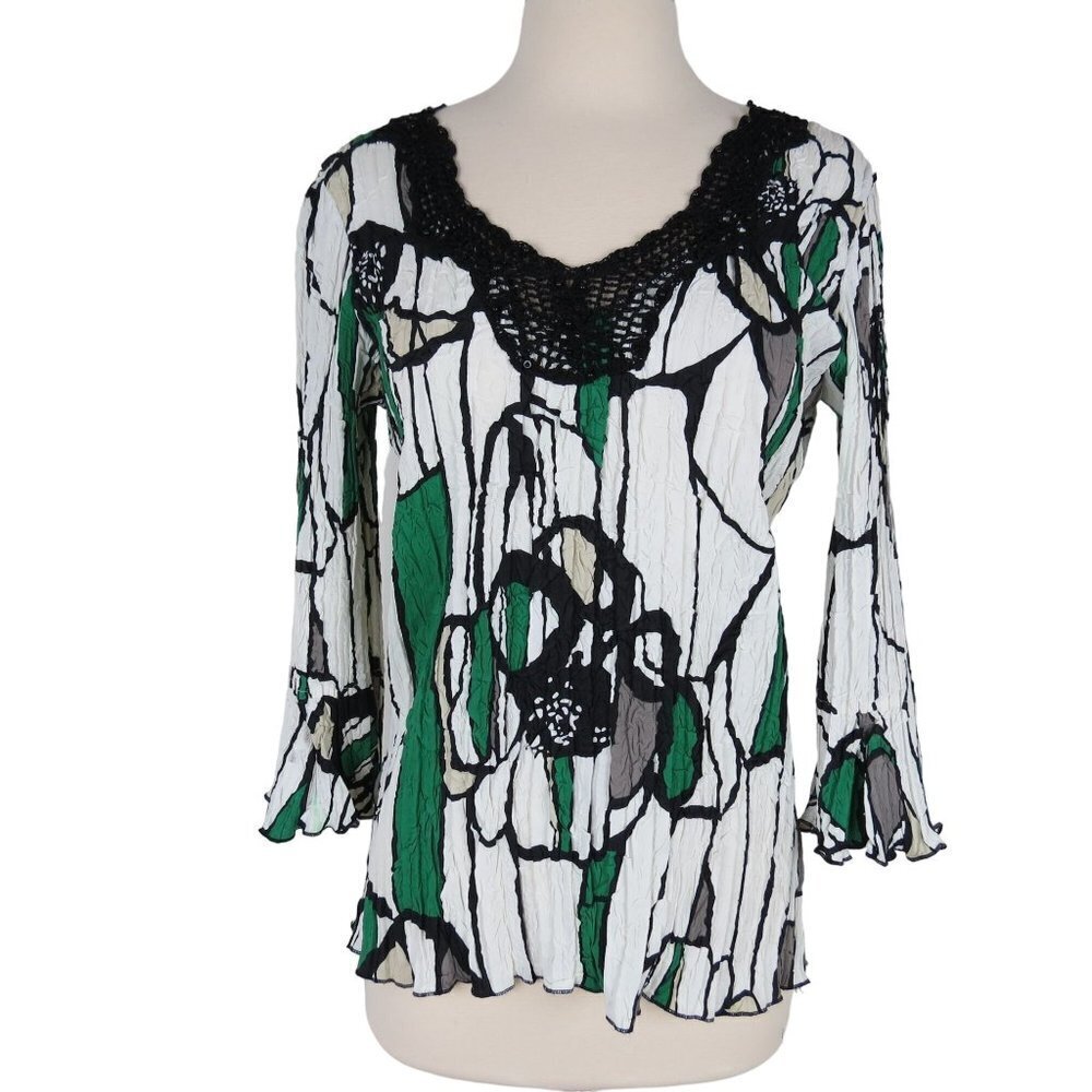 Vintage 90's ALBERTO MAKALI Green Black Crinkle Pleated Shirt Crochet Bead M